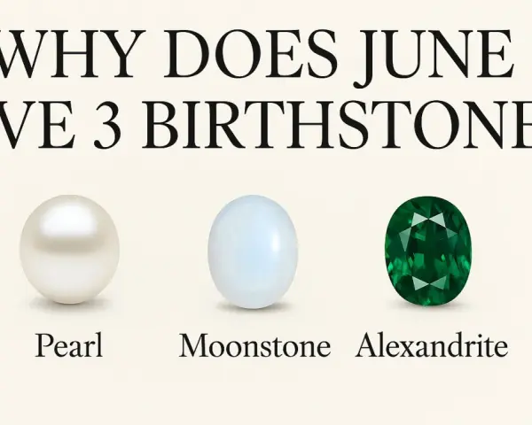 Three June 30th birthstones: a pearl, a moonstone, and an emerald-cut alexandrite.