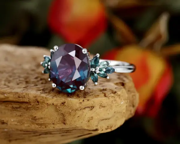 A stunning oval alexandrite stone ring, showcasing its color-changing magic. The alexandrite stone meaning is transformation and balance.