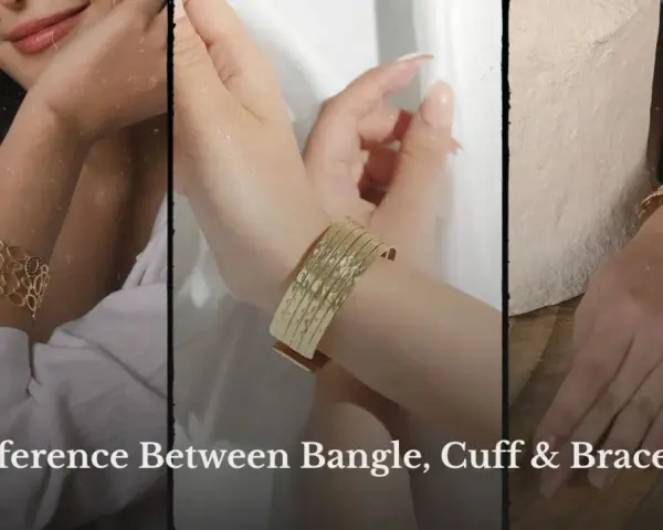 Three women's arms showcase different gold jewelry: a patterned bangle, a hammered cuff, and a delicate bracelet.