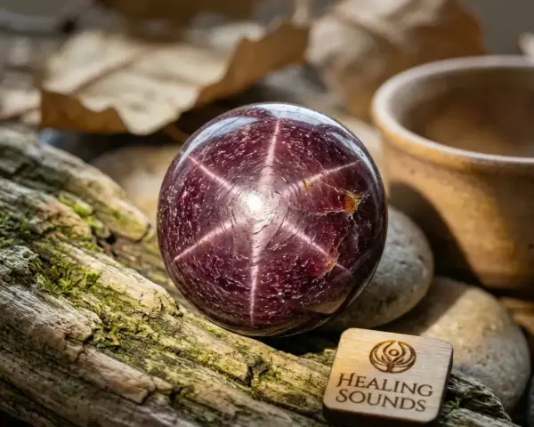 A star garnet from Idaho, a deep red sphere with a six-rayed star, rests on mossy wood.