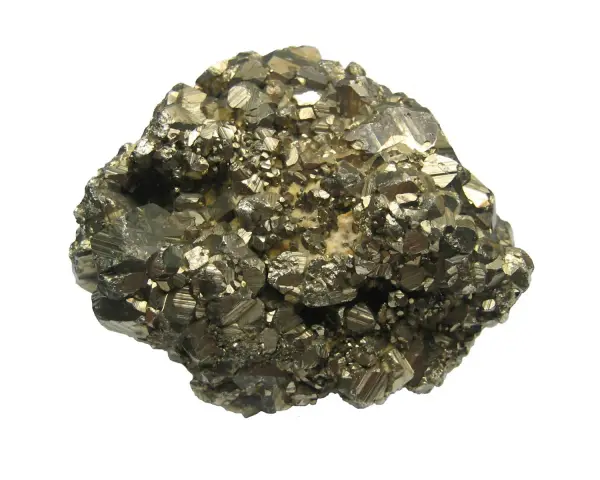 A cluster of metallic, brass-colored crystals, likely pyrite, showcasing its cubic structure. This specimen highlights the visual differences when comparing marcasite vs pyrite.
