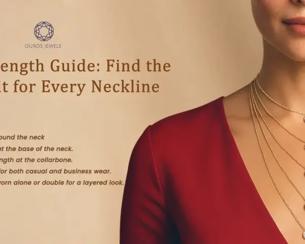 Guide to the best necklace length for women, showing layered gold chains with diamond pendants on a model in a red dress.
