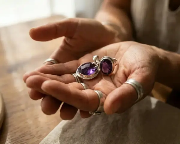 Hands hold a pendant and ring with deep purple amethyst. These beautiful stones are found in Brazil, Uruguay, and other locations worldwide.