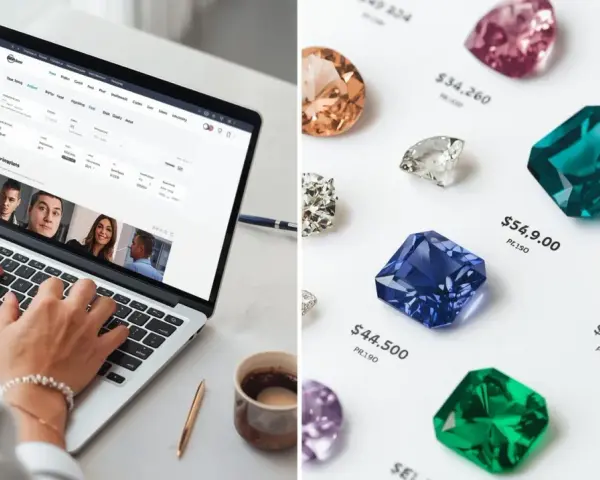 A split image shows a laptop with a jewelry appraisal website and a collection of colorful gemstones with prices, hinting at what is the cheapest gemstone.