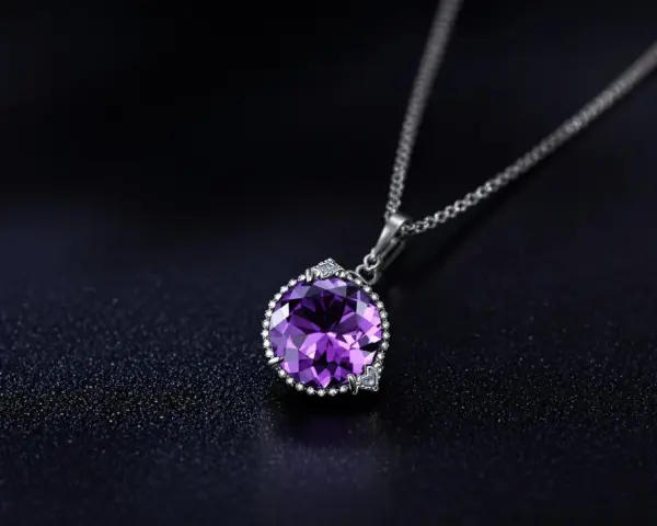 A stunning amethyst necklace, its deep purple aquarius stone sparkling against a dark, textured background.