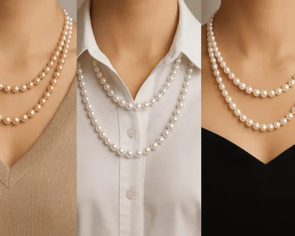 Three women showcase what is a pearl necklace: a classic double strand of pearls on a beige sweater, a single strand on a white blouse, and a double strand on a black dress.