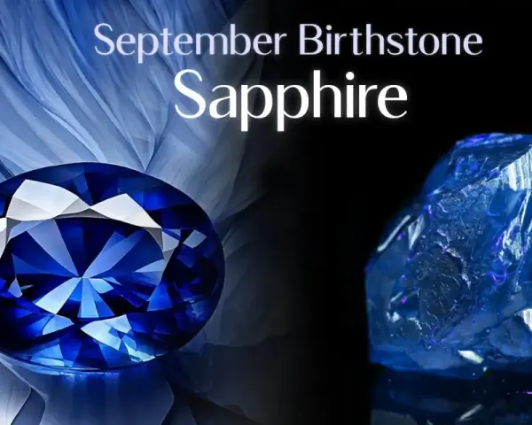 A faceted sapphire, the September birthstone, gleams next to a raw blue crystal.