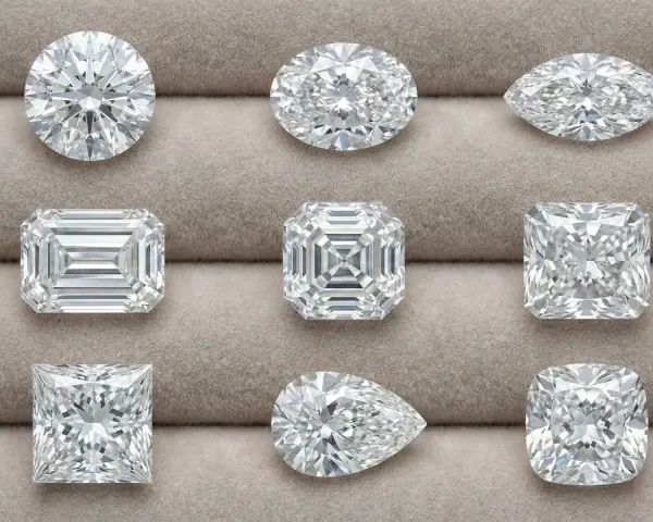 Nine sparkling diamonds, each with a unique diamond cut: round, oval, marquise, emerald, Asscher, pear, princess, and cushion.