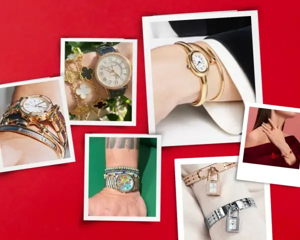Stylish examples of how to stack bracelets with a watch, showcasing various combinations of luxury timepieces and arm candy.