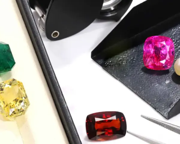 A blue sapphire, green emerald, and yellow citrine are displayed in a box, while a pink sapphire, pearl, and red garnet are on a tray, showcasing diverse gemstone families.