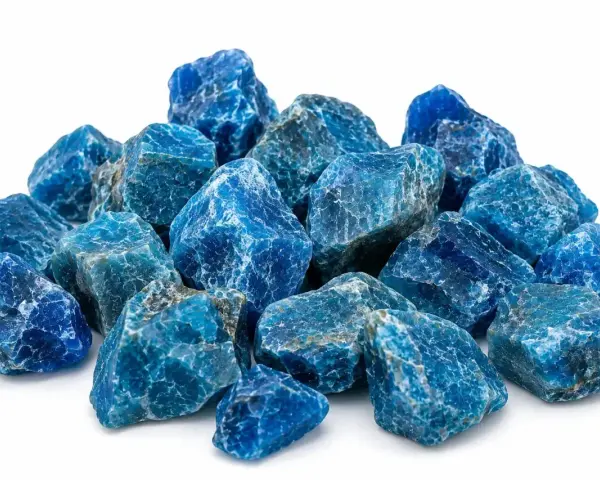 A pile of rough, blue apatite crystals. The apatite crystal meaning is often associated with motivation and ambition.
