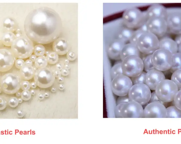 Left: plastic pearls with visible holes. Right: authentic pearls with subtle luster. See how to tell real pearls from fake.
