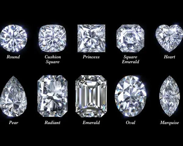 Various diamond cuts, including round, princess, and heart shapes. These could be stimulated diamonds, showcasing different facets and brilliance.