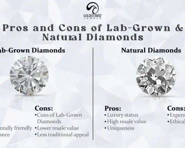 Comparing lab-grown diamonds vs real diamonds, this graphic shows pros and cons for each, highlighting affordability and ethics for lab-grown, and luxury for natural.