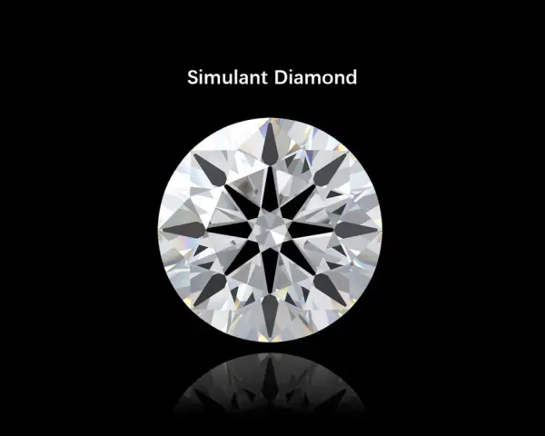 A brilliant cut simulant diamond on a black background. The text "Simulant Diamond" is above it. This image helps understand the simulated diamond meaning.