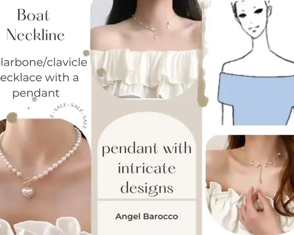 A guide to choosing necklaces for boat necklines. Features collarbone necklaces with pendants, including intricate designs.