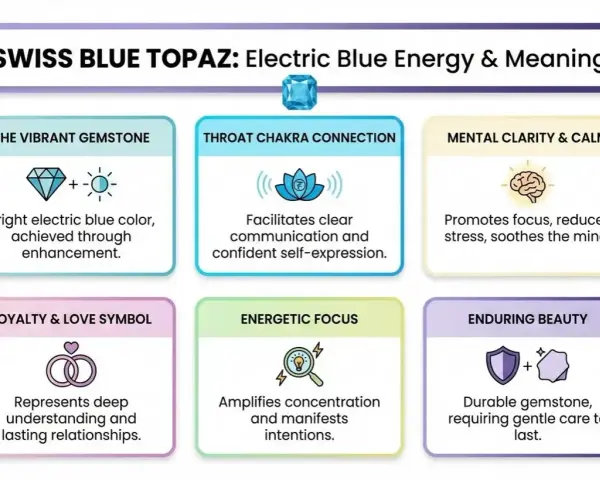 Swiss Blue Topaz represents electric blue energy, promoting clear communication, mental clarity, and enduring beauty.