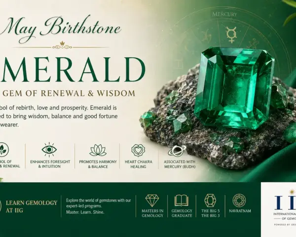May 25th birthstone: a stunning emerald, the gem of renewal and wisdom, symbolizing rebirth, love, and prosperity.
