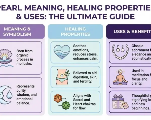 Infographic detailing the spiritual meaning of pearls: purity, wisdom, emotional balance, healing properties, and uses in adornment and meditation.