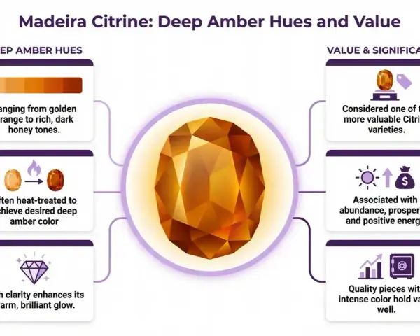 Madeira Citrine, a valuable variety, boasts deep amber hues. Its rich color, often heat-treated, and high clarity contribute to its worth, making it a stone associated with prosperity.