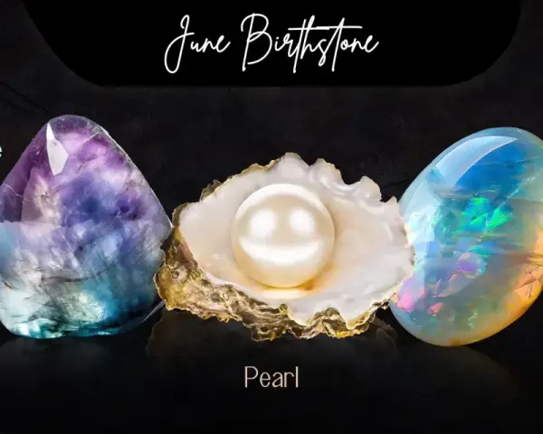 June birthstone collection: Alexandrite, Pearl, and Moonstone.
