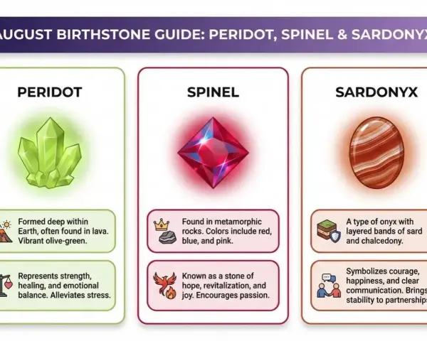 August birthstone guide: Peridot, Spinel, and Sardonyx. Peridot is a vibrant olive-green stone.