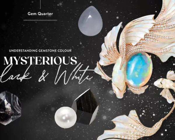 Mysterious black and white gemstone collection, featuring a pearl, obsidian, and a pear-shaped chalcedony.