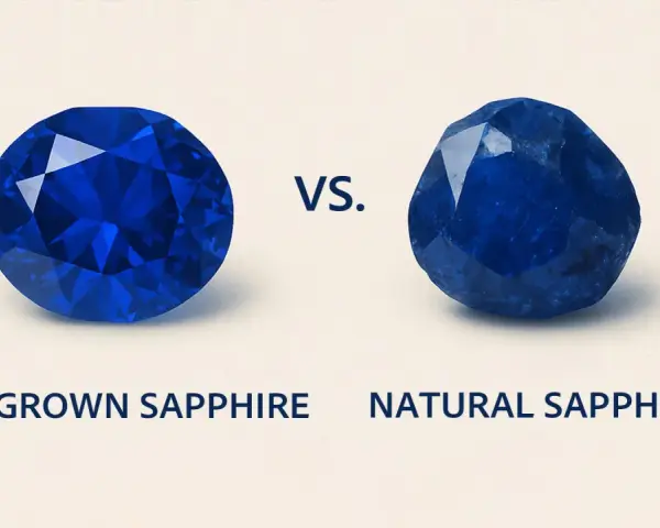 A faceted lab-grown sapphire and a rough natural sapphire are shown side-by-side, illustrating where sapphires are found.