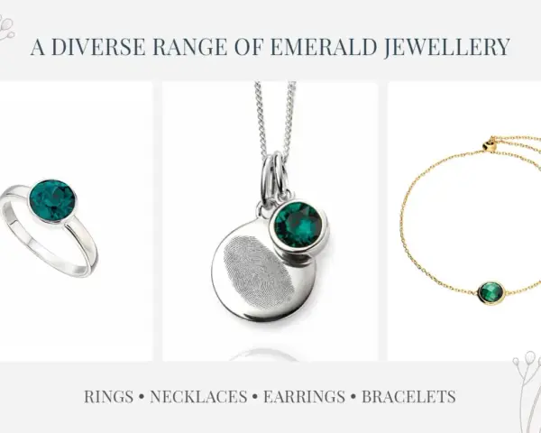 A silver ring, a fingerprint pendant necklace, and a gold bracelet, all featuring a vibrant emerald birthstone.