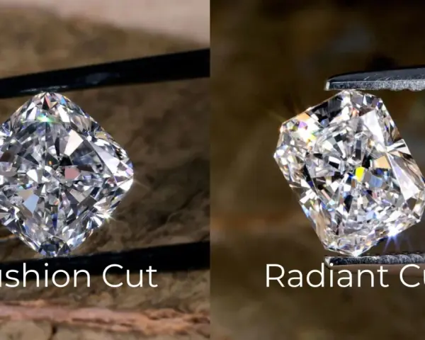 Side-by-side comparison of a cushion cut diamond and a radiant cut diamond, showcasing their distinct facets and brilliance.