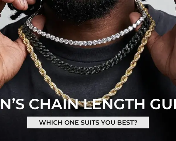 A man displays three chains: a diamond tennis chain, a black cuban link, and a gold rope chain. Learn how long is a 22 inch chain.