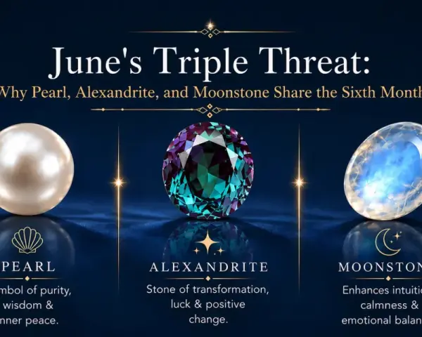 June's birthstone trio: Pearl, Alexandrite, and Moonstone, each with unique symbolism for the sixth month.