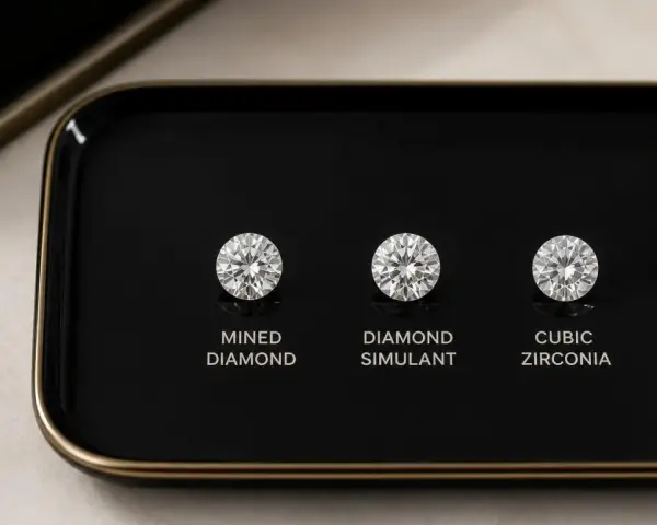 Three round brilliant cuts: a mined diamond, a diamond simulant, and cubic zirconia, displayed on a black tray.