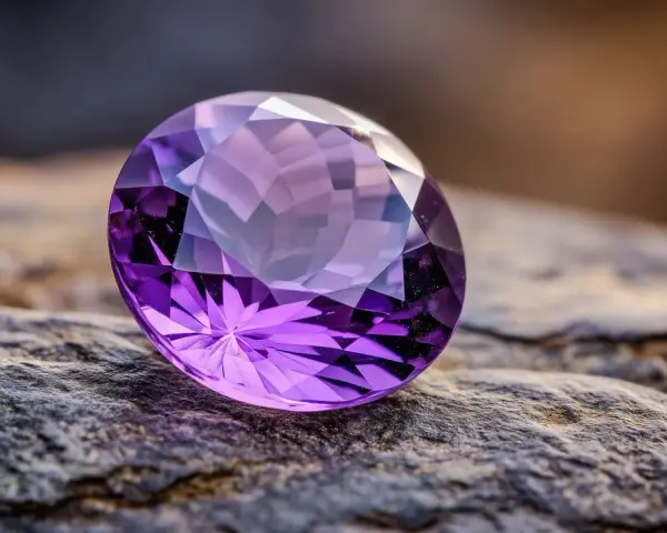 A faceted amethyst, the beautiful feb birthstone, rests on a textured rock.