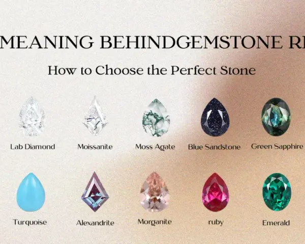 Gemstone rings showcase diverse stones and their meanings. From Moon Stone to Blue Topaz, each gem offers unique beauty and symbolism.