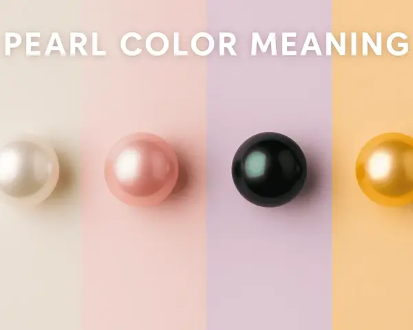 Four pearls—white, pink, black, and gold—are displayed, hinting at the pearl color meaning and their symbolic significance.