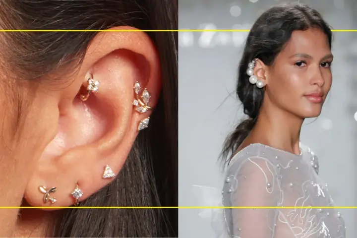 A close-up of an ear adorned with delicate gold piercings and a model showcasing elegant pearl ear cuffs, highlighting diverse earing styles.
