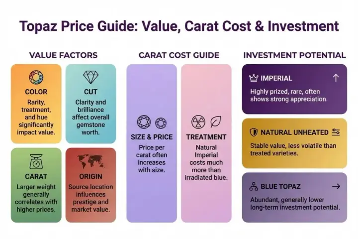 Topaz price guide: color, cut, carat, origin, size, and treatment affect how much topaz is worth. Imperial topaz is rare and valuable.
