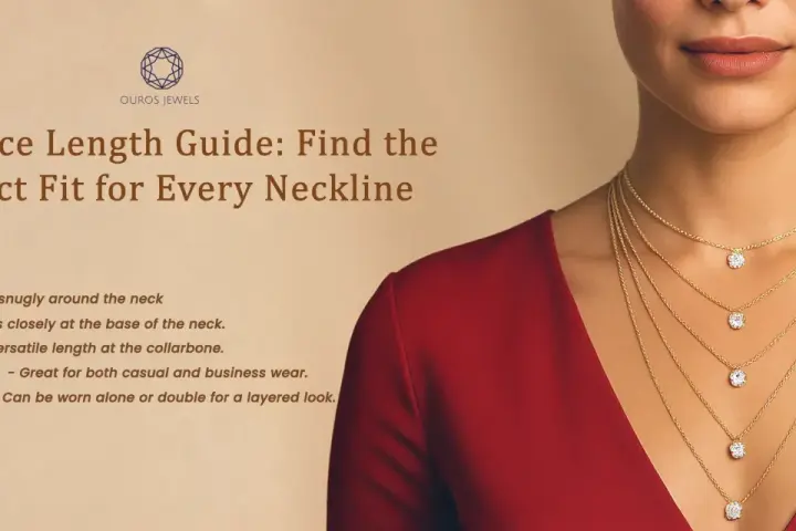 Guide to the best necklace length for women, showing layered gold chains with diamond pendants on a model in a red dress.