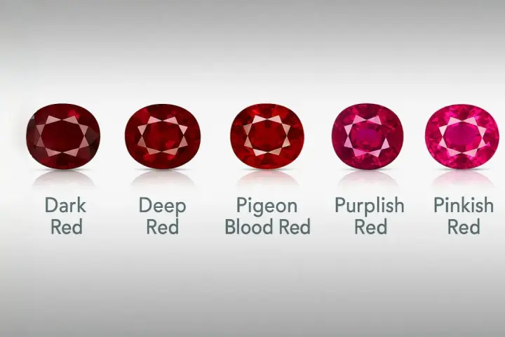 Five oval-cut rubies, showcasing a spectrum of red hues from dark to pinkish, represent the July birthstone.