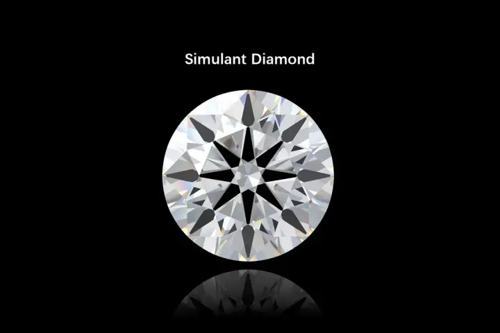 A brilliant cut simulant diamond on a black background. The text "Simulant Diamond" is above it. This image helps understand the simulated diamond meaning.