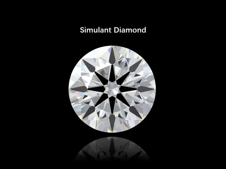 A brilliant cut simulant diamond on a black background. The text "Simulant Diamond" is above it. This image helps understand the simulated diamond meaning.