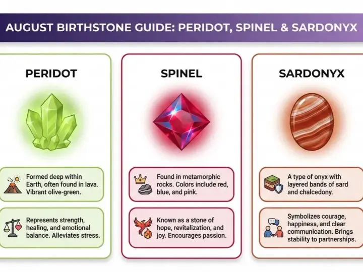 August birthstone guide: Peridot, Spinel, and Sardonyx. Peridot is a vibrant olive-green stone.