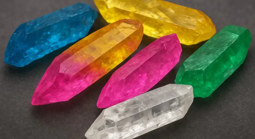 Colorful crystals, like topaz, are found in igneous rocks and alluvial deposits worldwide.