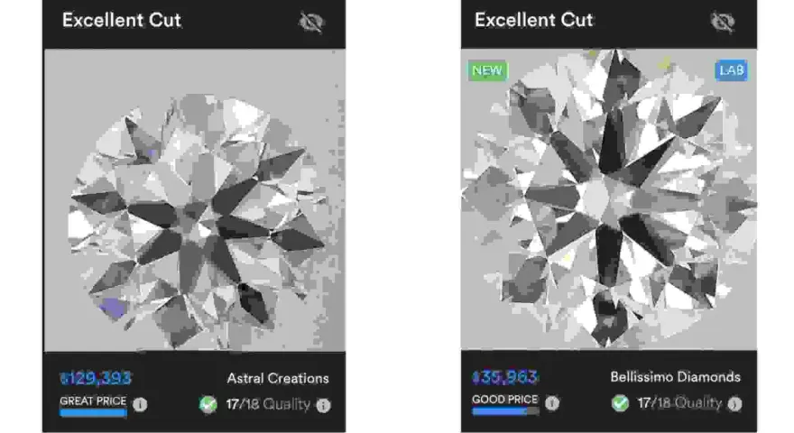 Side-by-side comparison of a natural and lab-grown diamond. Both are 5 Carat, H, VS1, Excellent Cut. The natural diamond costs $129,393, while the lab-grown is $35,963.