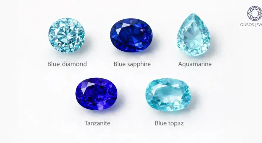 Five faceted blue precious stones: blue diamond, blue sapphire, aquamarine, tanzanite, and blue topaz.