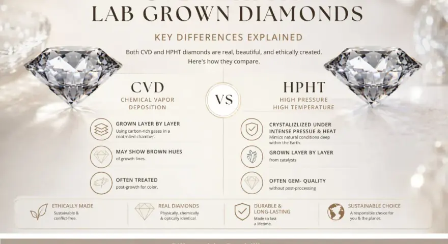 Learn how diamonds are grown in a lab using CVD (chemical vapor deposition) with carbon-rich gases or HPHT (high pressure, high temperature) mimicking Earth's conditions.
