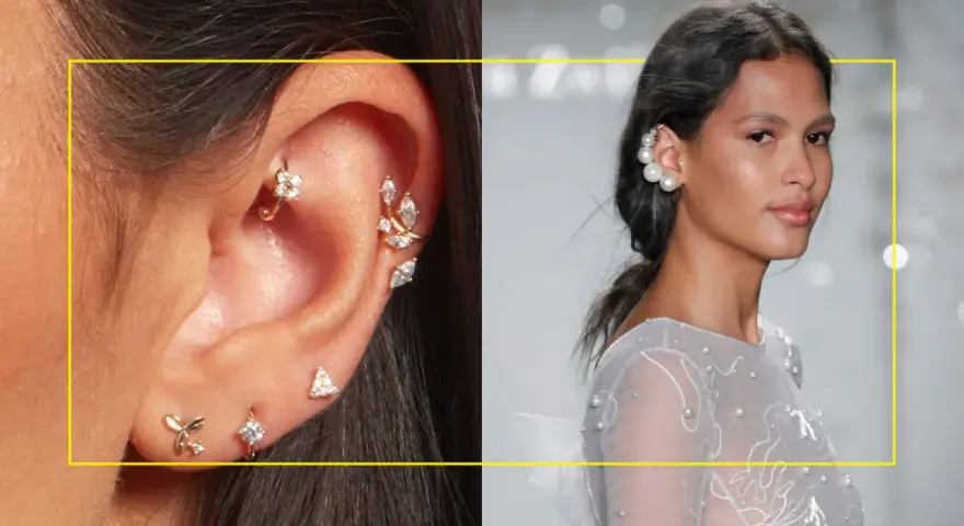 A close-up of an ear adorned with delicate gold piercings and a model showcasing elegant pearl ear cuffs, highlighting diverse earing styles.
