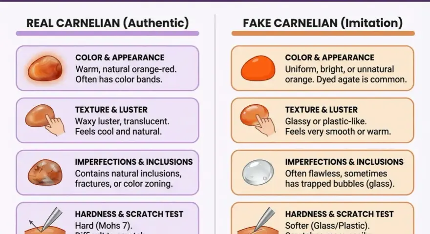 Guide to identifying natural carnelian vs. imitation. Authentic carnelian has warm, banded colors and natural inclusions.