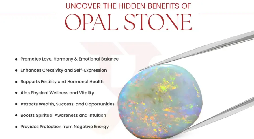 Opal stone held by tweezers, showcasing its iridescent colors. Discover its opal spiritual meaning: boosting intuition, awareness, and protection.